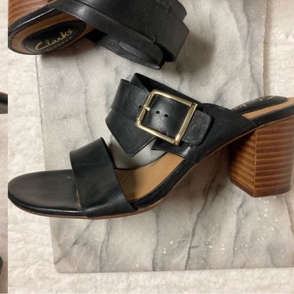 Clarks Artisan Heels Size 7 Leather Double Strap Buckle Sandals Black - Picture 8 of 11